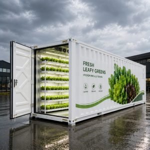 Automated container farm for vertical leafy vegetable farming