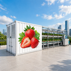 Hydroponic strawberry container farm with climate control system