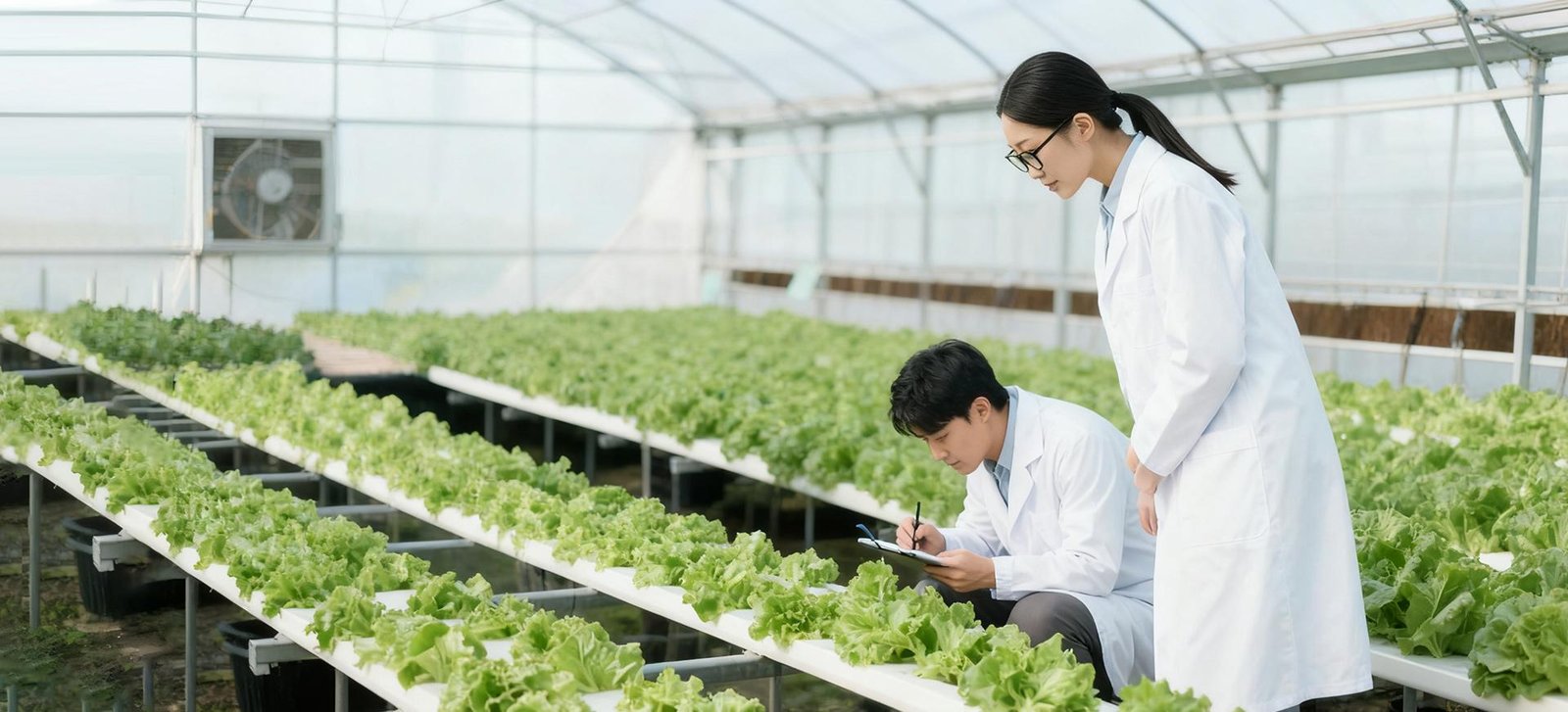ল্যাব কোট পরিহিত গবেষকরা গ্রীনহাউসের ভিতরে হাইড্রোপনিক লেটুস ফসল পরিদর্শন করছেন।
