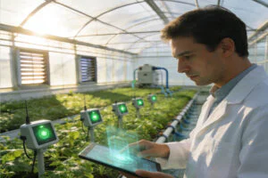 Aurlant agricultural scientist using smart technology to monitor crops in an automated greenhouse, driving sustainable farming innovation