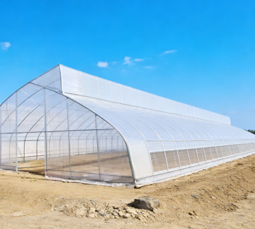 কৃষি একক-স্প্যান ফিল্ম স্যাটুটুথ গ্রীনহাউস পার্শ্বীয় বায়ুচলাচলসহ