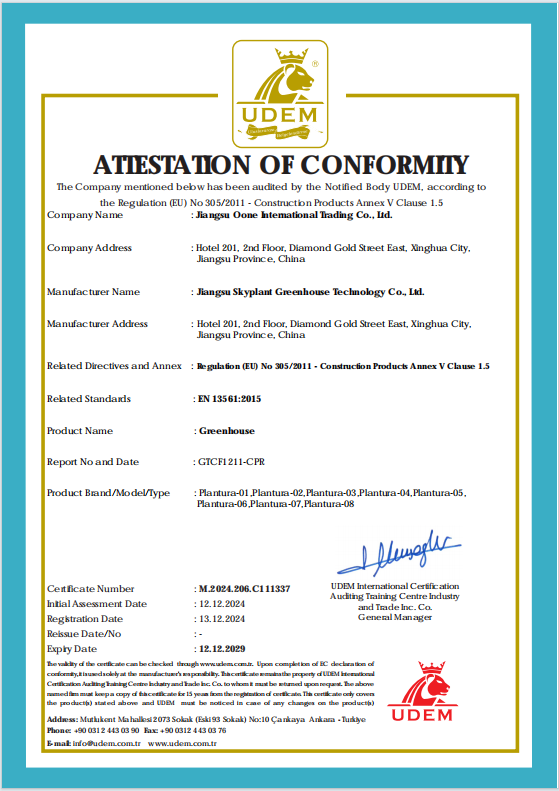 Aurlant UDEM Conformity Certificate for Greenhouse
