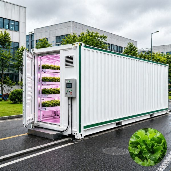 Commercial hydroponic container farm for leafy vegetables