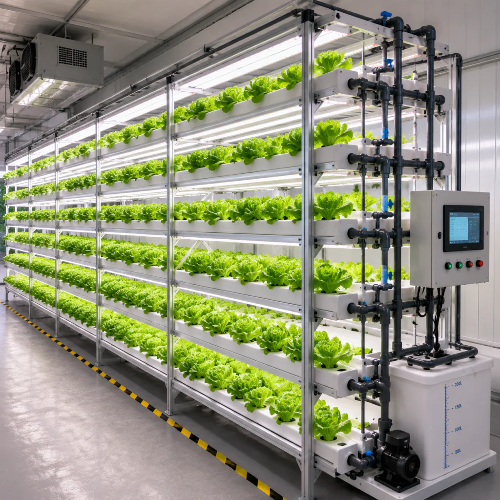 Vertical NFT hydroponic system for commercial leafy vegetable production
