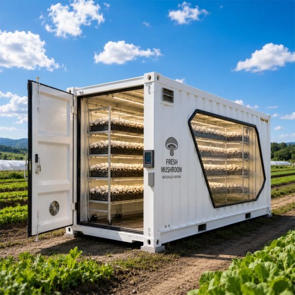 Automatic mushroom growing container for commercial farming